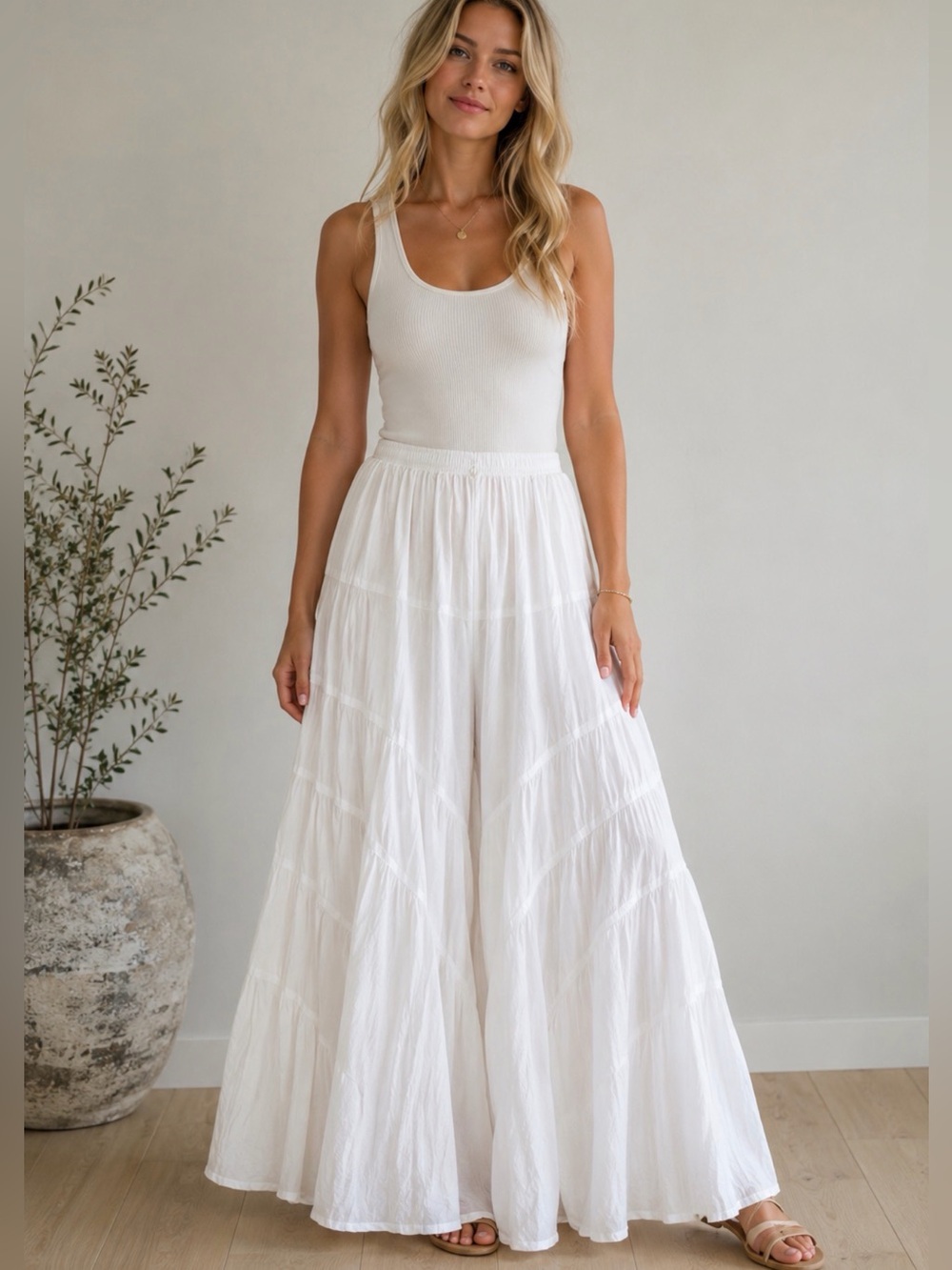 Cute Options Flowy White Tiered Boho-Beachy Cotton Gauze Wide Leg Lined Pants~XL